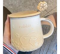 Xfeyaqlo Tasse Lapin Mignon 420ml, avec Couvercle Ceramique, Tasses avec Couvercle et Cuillere, Cafe, Excellent Choix de Cadeau (Jaune)