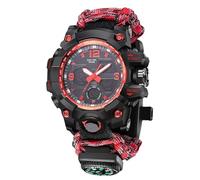 XFLHXY Montre Numérique Militaire de Survie 23-en-1 pour Homme, Multifonction, Bracelet Réglable, Étanche, Sport, avec Boussole et Bracelet en Paracorde(Red)