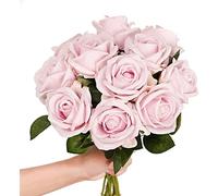 XFLSDHGD 10 pcs Roses artificielles avec des tiges réelles tactiles Faux Velours en Soie Fleurs de Rose DIY Bouquets Arrangements Floraux de fête décor