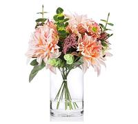 XFLSDHGD Fleur Dahlia Artificielle Mixte et Eucalyptus dans des Faux Fleurs en Verre en Verre Transparent pour Les décorations de la pièce maîtresse du Bureau à Domicile