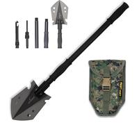 Xforst Pelle Pliante Multifonctionnelle pour Camping et Survie - Pelle en Acier au Carbone avec 3 Longueurs Réglables, Scie de Survie, Pierre à Feu, Sifflet et Housse - Accessoire Offroad