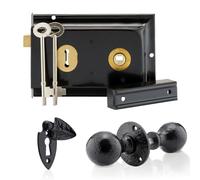 XFORT Gamme Smithy's : Ensemble de boutons de porte en forme de boule, noir antique, comprenant un verrou, une poignée de porte 'bouton' et un cache serrure.