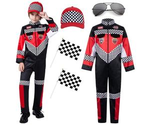XFOZDM Costume de pilote de voiture de course pour enfants garçons et filles - Combinaison de course avec accessoires - Tenue de course pour Halloween, jour de carrière et costumade 01, taille S