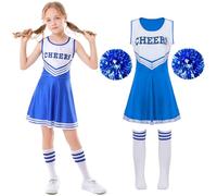 XFOZDM Costume de pom-pom girl à pompon - Costume de pom-pom girl - Short fille avec pompons et chaussettes - Uniforme pour fille - Pour carnaval, Halloween, cosplay - Bleu - 160 cm