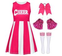 XFOZDM Deguisement Cheerleader Fille Deguisement Pompom Girl Enfant Costume Pom Pom Girl Fille Tenue de Pompom Uniforme avec Bandeau Pompons et Chaussettes pour Carnaval Halloween Fête Rose 140