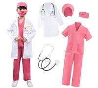 XFOZDM Deguisement Docteur Enfant Deguisement Chirurgien Enfant avec Stéthoscope Manteau pour Garçon Fille Médecin Costume Docteur Jeu de Rôle Carnaval Halloween Cosplay Rose 150