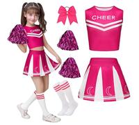 XFOZDM Deguisement Pompom Girl Enfant Deguisement Cheerleader Fille avec Bandeau Pompons et Chaussettes Costume Pom Pom Girl Fille Tenue de Pompom Uniforme pour Carnaval Halloween Fête Rose 160