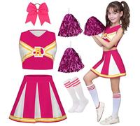 XFOZDM Deguisement Pompom Girl Enfant Deguisement Cheerleader Fille Costume Pom Pom Girl Fille Tenue de Pompom Uniforme avec Bandeau Pompons et Chaussettes pour Carnaval Halloween Fête Rose 150