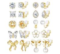 XFSRG 10 Paires Boucle D'oreille Clip Femme Boucles d'Oreilles à Clip Non Percées Hypoallergénique avec Zircone Perles Fleurs Et Papillons Filles Falsche Ohrringe Set (Or)