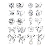 XFSRG 10 Paires Boucle D'oreille Clip Femme Boucles d'Oreilles à Clip Non Percées Hypoallergénique avec Zircone Perles Fleurs Et Papillons Filles Falsche Ohrringe Set (Argent)