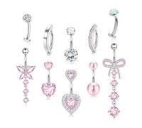 XFSRG 10 Pièces 14G Piercing Nombril Acier Inoxydable Chirurgical Anneaux de Nombril Long Dangle Court Piercings Bijoux pour Femmes 10mm (Rose)