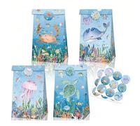 XFSRG 12 Pièces Sac Cadeau Vie Marine Sac Cadeau Kraft avec Autocollants Sacs Cadeaux Amusant et Adorable pour les Fêtes d'Anniversaire Bonbons Emballages Cadeaux