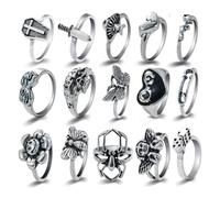 XFSRG 15 Pièces Vintage Punk Bague Ensemble pour Hommes Femmes Gothique Knuckle Bague Emo Rings Empilable Phalange Anneaux Set Bohème Y2K Papillon Serpent Crâne Coeur Fleur Bagues (B)