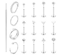 XFSRG 16 Pièces 20G Piercing Nez Acier inoxydable Piercing Oreille Hypoallergénique Lèvres Haltère Tragus Nez Piercing Set avec Épingles à Fond Plat pour Femmes Hommes (Argent)