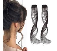XFSRG 2 Paires Long Side Air Bangs 35 cm Naturel Wavy Curly Thin Air Hair Synthétique Dragon Beard Bangs pour Femmes Filles(Brun-noir)