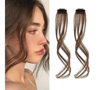 XFSRG 2 Paires Long Side Air Bangs 35 cm Naturel Wavy Curly Thin Air Hair Synthétique Dragon Beard Bangs pour Femmes Filles(Marron clair)
