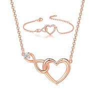 XFSRG 2 Pcs Cœur Parure Bijoux Femme Plaqué Or Rose Collier et Bracelet Parures Bijoux Infini Cadeau Élégant Accessoires Mariage Cadeaux Anniversaire Noël