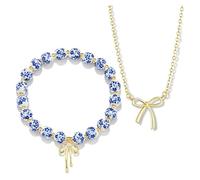 XFSRG 2 Pièces Bijoux Femme Élégant Ensemble de Bracelet et Collier en Perles avec Nœud Doré Parures pour Toutes Occasions(Bleu)