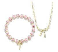 XFSRG 2 Pièces Bijoux Femme Élégant Ensemble de Bracelet et Collier en Perles avec Nœud Doré Parures pour Toutes Occasions(Rose)