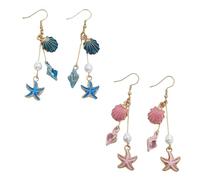 XFSRG 2 Pièces Boucles D'oreilles Femme Pendante Bohème Coquillage Étoile de mer Perles Boucle D'oreille Pour la Plage D'été(Bleu et Rose)