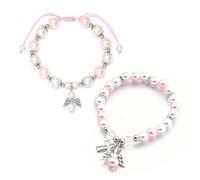 XFSRG 2 Pièces Bracelet Femme Perles Rose Et Blanche Avec Pendentif Ange Et Croix Bijoux Bracelet Personnalisé Élégant Pour Toutes Occasions