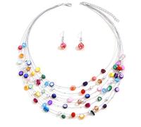 XFSRG 2 Pièces Collier Ras du Cou Multicouche et Boucles D Oreilles de Perles Multicouches Collier Multi Brins Style Années 1920 Parure Pendentifs Superposés pour Femme (Multicolore)