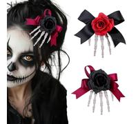 XFSRG 2 Pièces Pince Cheveux Femme Rose Squelette Gothique Élégant Pinces à Cheveux pour Halloween Cosplay Party(Rouge+Noir)