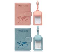 XFSRG 2 Pièces Protege Passeport et Etiquette Valise Set PU Cuir Voyage Accessoires avec Bloqueur RFID pour Passport Cover Embarquement Cartes de Crédit(Rose + Bleu)