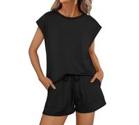 XFSRG 2 Pièces Tenue de Sport Femme Courte Manches à col Rond Casual Outfit avec Poches Yoga Fitness Jogging Tracksuit(Noir/L)
