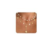 XFSRG 2Pcs Collier Femme Or Chaine or Femme Réglable Collier à Breloques avec Pendentif Étoile de Mer Coquillage Perle Plaqué Or 14K Bijoux Cadeaux (Or 2)