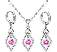 XFSRG 3 Pcs Losange Parure Bijoux Femme Collier Boucles d'Oreilles Pendentif Ensemble Cristal Brillant Mode Accessoires Cadeau Anniversaire Élégant Bijoux Mariage Fête (Rose)
