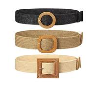 XFSRG 3 Pièces Ceintures Élastiques pour Femme en Paille pour Robe de Plage Ensemble Élastiques Avec Boucle en Bois Tressée Accessoire Large