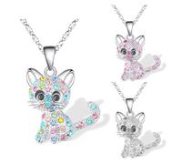 XFSRG 3 Pièces Collier pour Fille Collier Chat Mignon Pendentif Strass de Bijoux Cadeau de Noël Anniversaire pour Enfants Filles Femmes