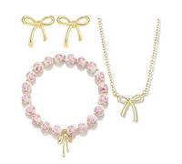 XFSRG 3 Pièces Ensemble Bijoux Nœud Perles Parure Set Collier Bracelet Perles Boucles D’oreilles Nœud Pendentif Perlé Bijoux Femme Élégants pour Soirée Fête Quotidien (Rose)