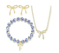 XFSRG 3 Pièces Ensemble Bijoux Nœud Perles Parure Set Collier Bracelet Perles Boucles D’oreilles Nœud Pendentif Perlé Bijoux Femme Élégants pour Soirée Fête Quotidien (Bleu)