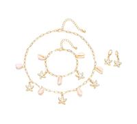 XFSRG 3 Pièces Parure Bijoux Femme Collier Bracelet Boucles D Oreilles Étoile de Mer Coquillage Multicouche Perles D'imitation Collier de Perles Simulées (Blanc)