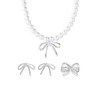 XFSRG 3 Pièces Parure de Bijoux Nœud avec Collier Boucles D'oreilles et Bague Style Perles Ensemble de Nœud Bijoux Fantaisie pour Femme Accessoires Élégants (Argent)