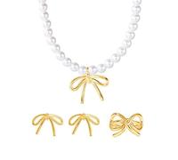 XFSRG 3 Pièces Parure de Bijoux Nœud avec Collier Boucles D'oreilles et Bague Style Perles Ensemble de Nœud Bijoux Fantaisie pour Femme Accessoires Élégants (Or)
