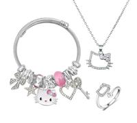 XFSRG 3 Pièces Parures Chat Cartoon Anime pour Fille Femme Acier Inoxydable Bracelet Breloques Collier Charm Bague Cristal Rose Charm Ensemble de Bijoux pour Femmes Sœur Amie (Set A)