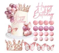 XFSRG 34 Pièces Couronne Deco Gateau Set Paillettes Papillon Ballons Cake Topper Happy Birthday Décoration pour Anniversaire Fête Mariage(Rose)