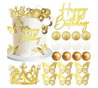 XFSRG 39 Pièces Couronne Deco Gateau Set Paillettes Papillon Ballons Cake Topper Happy Birthday Décoration pour Anniversaire Fête Mariage(Or)