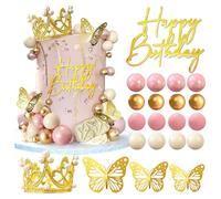 XFSRG 39 Pièces Couronne Deco Gateau Set Paillettes Papillon Ballons Cake Topper Happy Birthday Décoration pour Anniversaire Fête Mariage(Or rose)