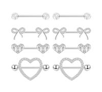 XFSRG 4 Paires 14G Piercing Teton Piercing de Téton en Acier Inoxydable Papillon Forme de Coeur Zircone Cubique Hypoallergénique Body Barres Parure de Bijoux pour Femme et Fille (Argent)