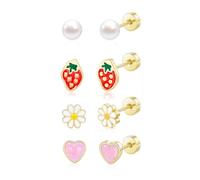 XFSRG 4 Paires Boucles D'oreilles à Tige Dos Plat pour Filles Perle Fraise Fleur Cœur Hypoallergéniques pour Filles Boucles D'oreilles Tragus Helix (Or)
