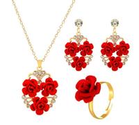 XFSRG 4 Pcs Coeur Parure Bijoux Femme Fleurs Ensemble Bijoux Roses Boucles d'Oreilles Collier Bagues Mode Accessoires Élégant Cadeau Noël Anniversaire Mariage Fête Saint-Valentin