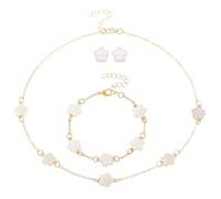 XFSRG 4 Pcs Ensemble de Bijoux à Quatre Feuilles Femme Collier Plaqué Carats Fleur Cinq Feuilles Bague Boucles d'Oreilles Collier Bracelet Parure de Bijoux en Émail Délicat Femmes Adolescentes(Blanc)