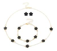 XFSRG 4 Pcs Ensemble de Bijoux à Quatre Feuilles Femme Collier Plaqué Carats Fleur Cinq Feuilles Bague Boucles d'Oreilles Collier Bracelet Parure de Bijoux en Émail Délicat Femmes Adolescentes(Noir)