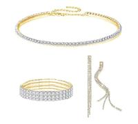 XFSRG 4 Pcs Longue Pampille Parure Bijoux Femme Cristal Bracelet Boucles d'Oreilles Collier Strass Bijoux Set Bijouterie Fantaisie Élégants Cadeau Anniversaire Mariage Fête Noël (Or)
