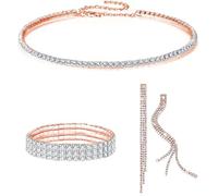 XFSRG 4 Pcs Longue Pampille Parure Bijoux Femme Cristal Bracelet Boucles d'Oreilles Collier Strass Bijoux Set Bijouterie Fantaisie Élégants Cadeau Anniversaire Mariage Fête Noël (Or rose)
