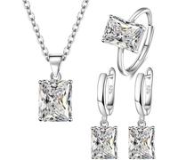 XFSRG 4 Pcs Parure Bijoux femme Carré Cristal Bague Collier Boucles D'oreilles Parure Bijoux Rectangulaires Élégant Accessoire Brillant Pierres Précieuses (Blanc)